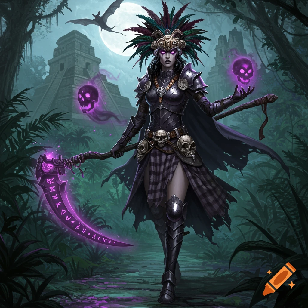 A fantasy warrior in dark armor with a feathered headdress and skull belt, wielding a glowing purple scythe, stands in a moonlit jungle with Aztec-like temples and a bat in the sky.