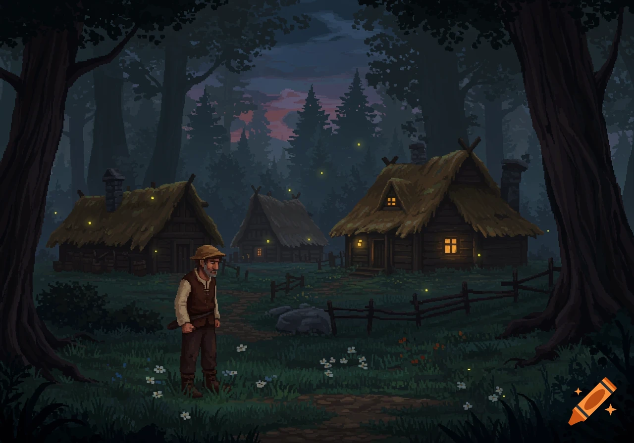 A pixel art depiction of a peasant standing in front of thatched-roof huts in a dark forest at dusk, with fireflies.