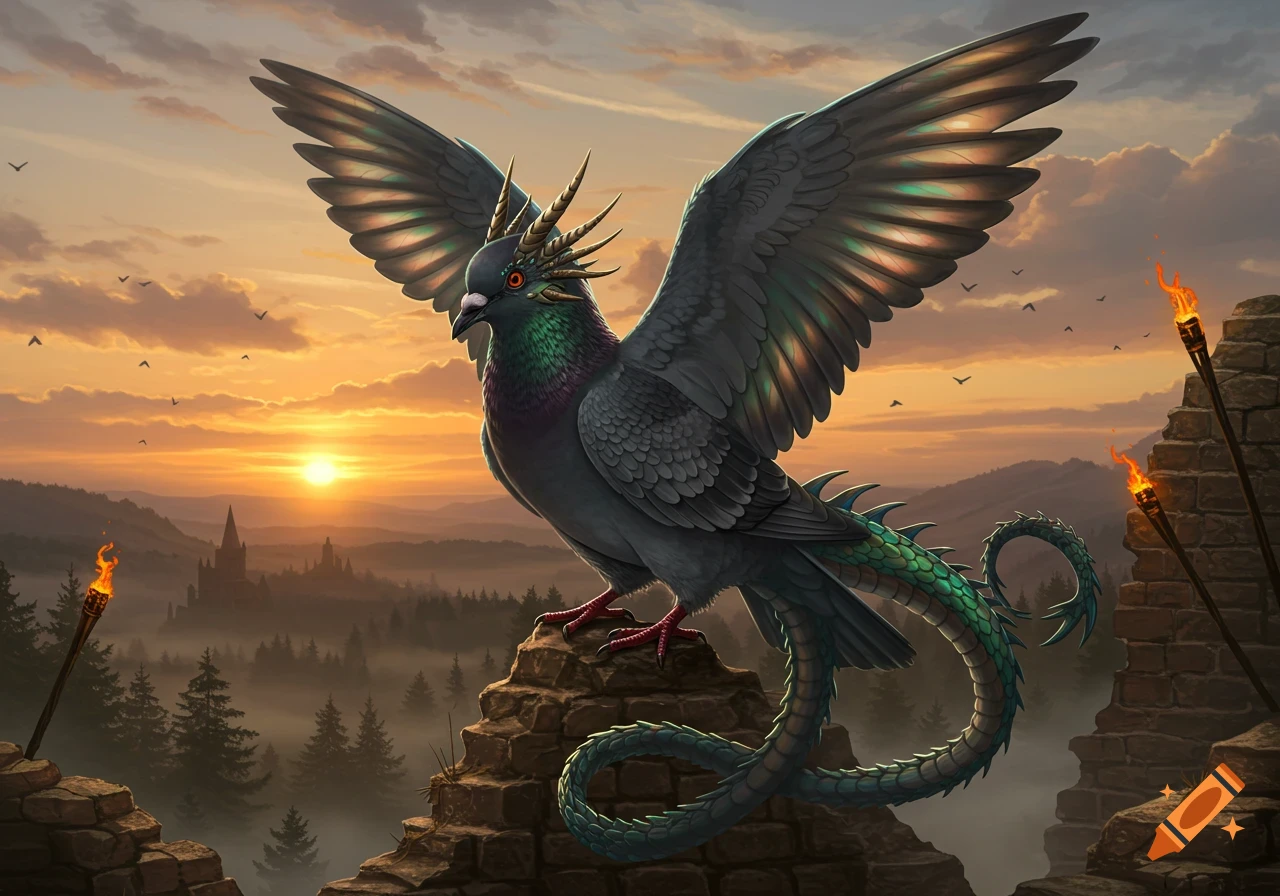 A majestic pigeon-dragon hybrid perched on ruins, wings spread, against a vibrant sunset over a misty forest with a distant castle.