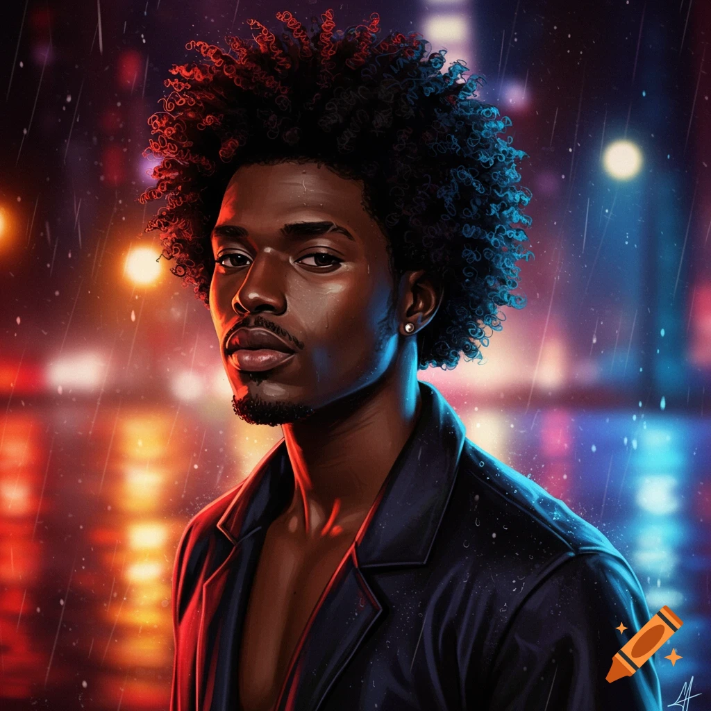 A striking digital painting of a dark-skinned man with curly hair in a rainy city night, illuminated by neon lights.