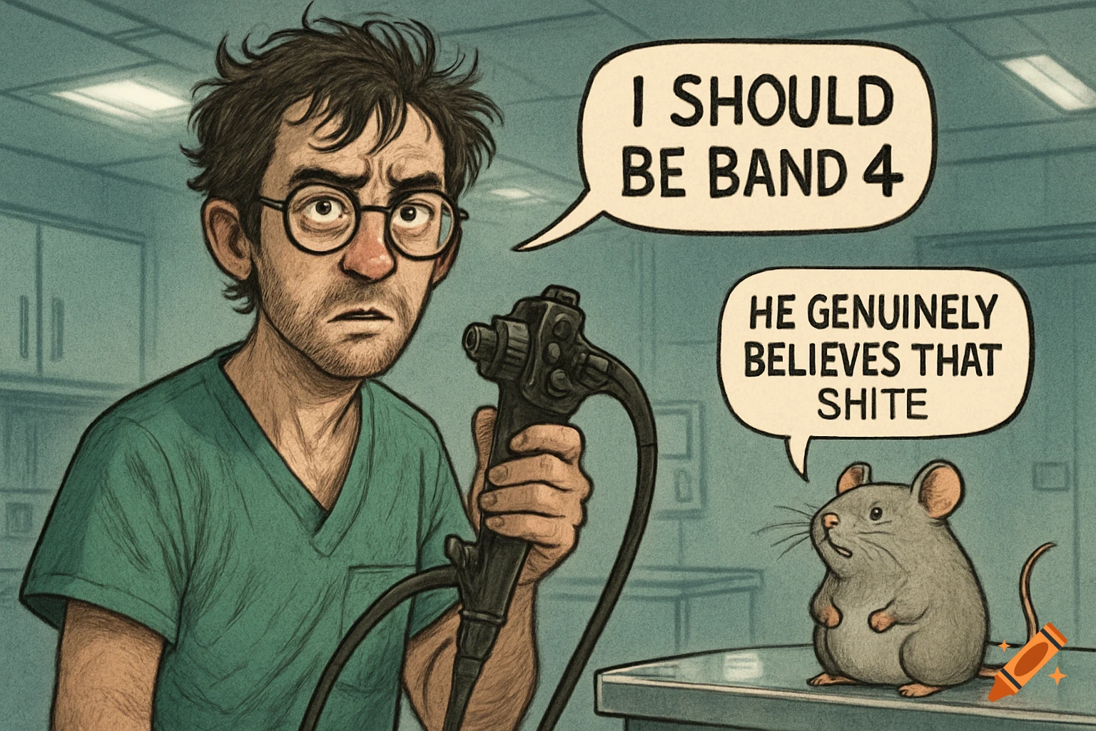 Cartoon doctor holding endoscope, saying 'I SHOULD BE BAND 4'. A mouse says 'HE GENUINELY BELIEVES THAT SHITE'.