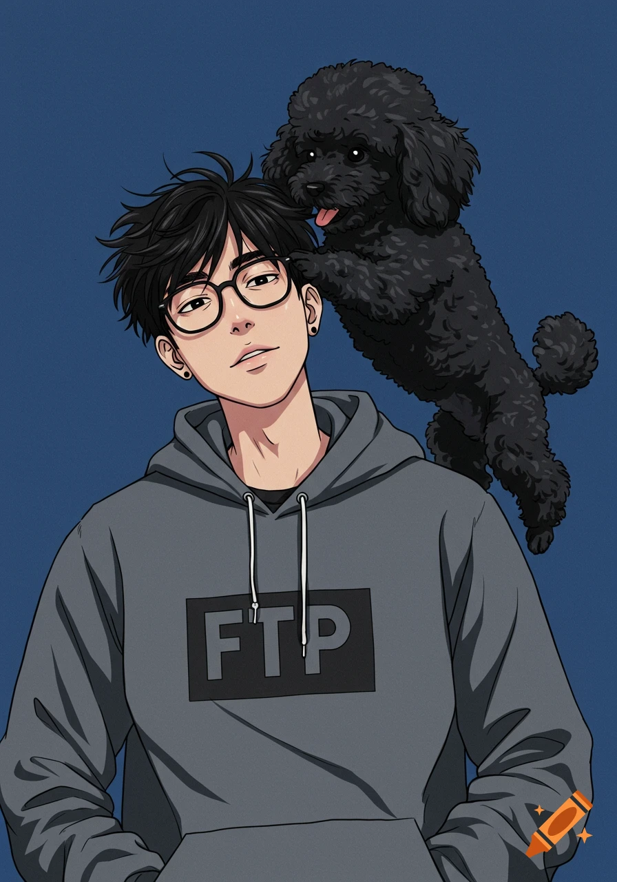 Anime portrait of a young man in a gray FTP hoodie and glasses with a black poodle jumping on his shoulder, against a blue background.