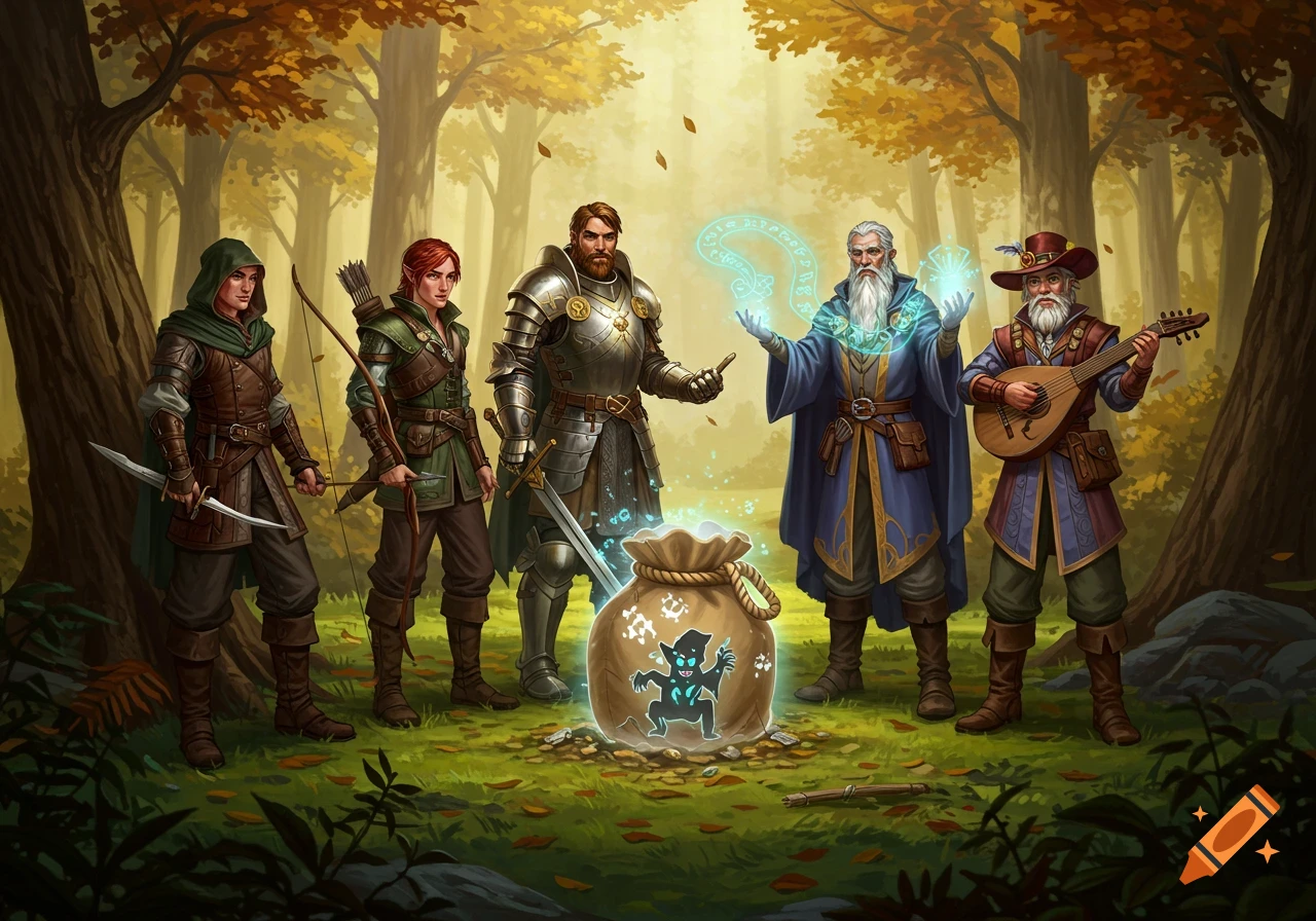 Five fantasy adventurers, including a wizard, knight, archer, rogue, and bard, stand in a forest around a magical bag containing a monster.