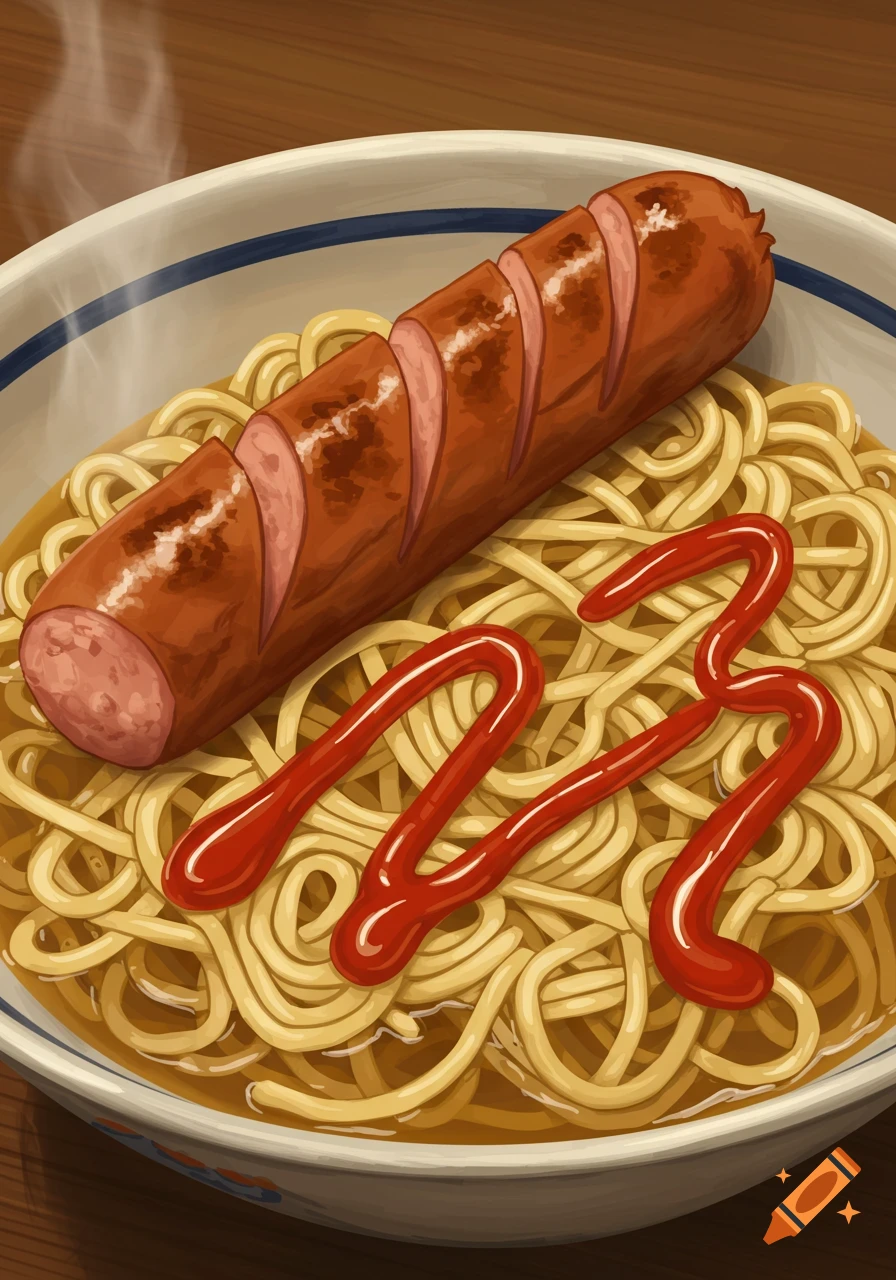 A close-up illustration of a bowl of noodles topped with a sliced hot dog and red ketchup, with steam rising.