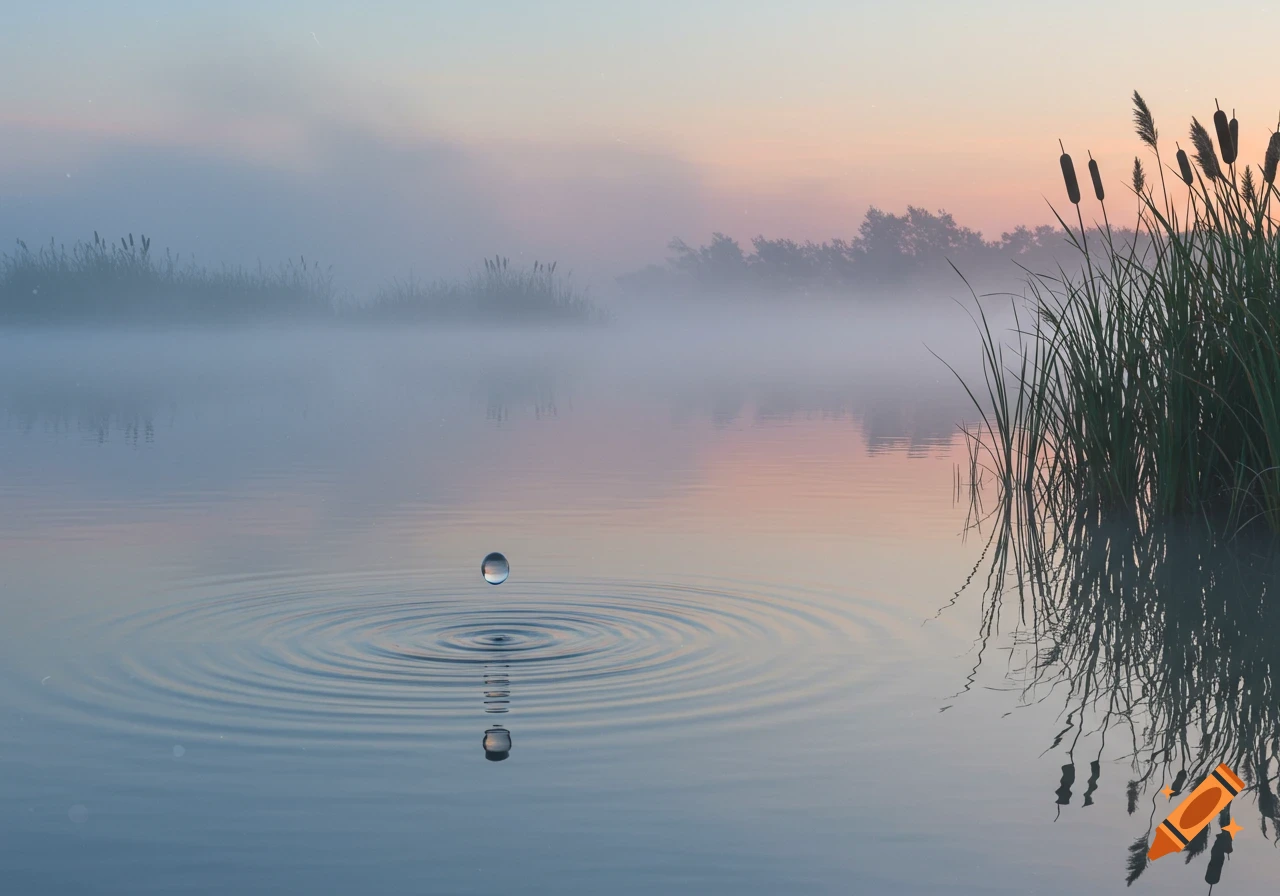 A water droplet creates ripples on a calm, misty lake at dawn with cattails on the right.