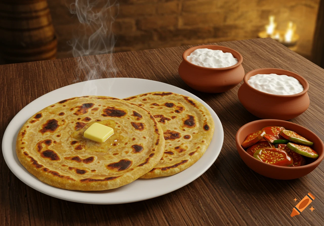 Hot paneer paranthas with butter, steam rising, on a plate with bowls of curd and pickles on a wooden table.