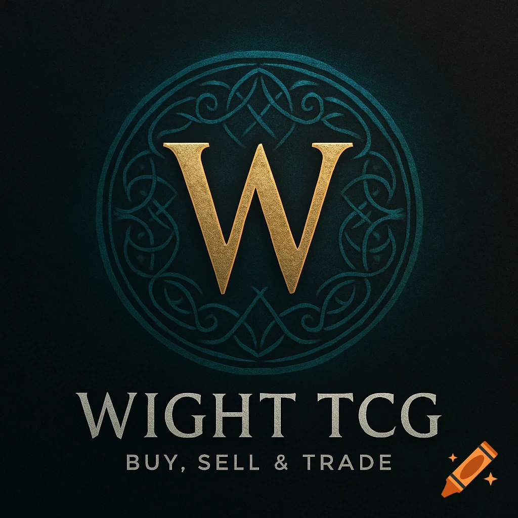 A golden W within a teal celtic knot circle, above "WIGHT TCG" and "BUY, SELL & TRADE" text on a dark background.