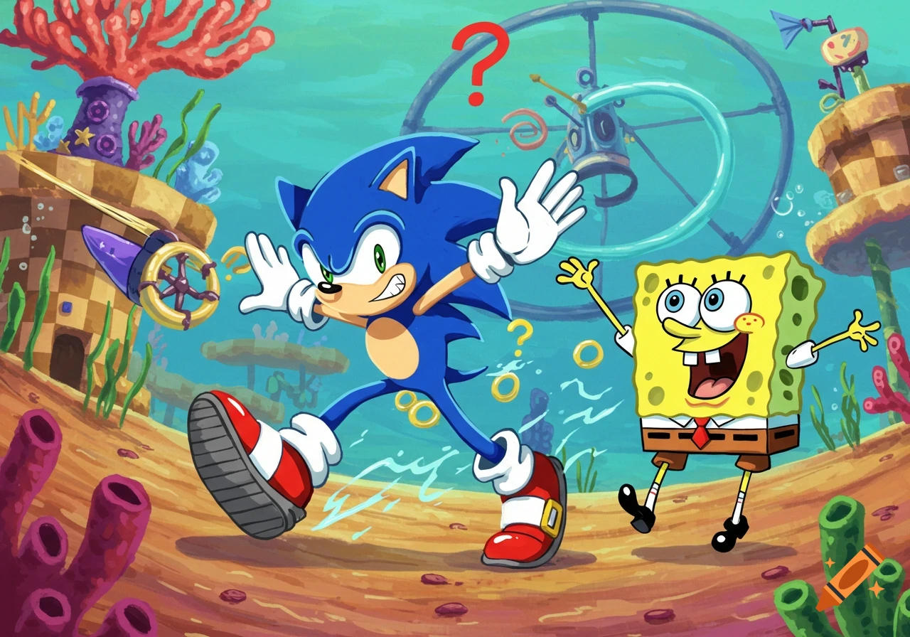 Vibrant cartoon crossover of Sonic the Hedgehog looking confused underwater with question marks and a joyful SpongeBob SquarePants.