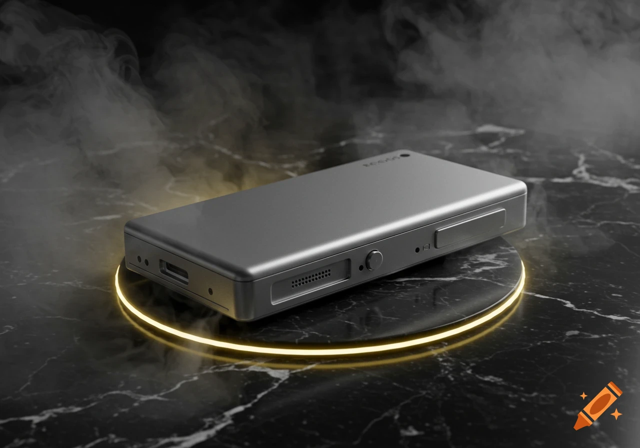 A grey rectangular electronic device on a black marble surface with a glowing golden ring and smoke.