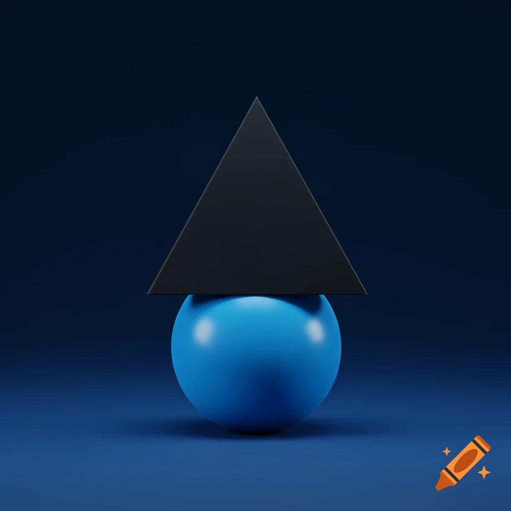 A black triangle balancing on a blue sphere against a dark blue background, in a 3D render style.
