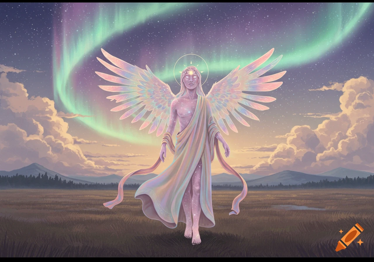 An ethereal angel-like figure with rainbow wings and a halo stands in a field under a starry sky with green aurora borealis.