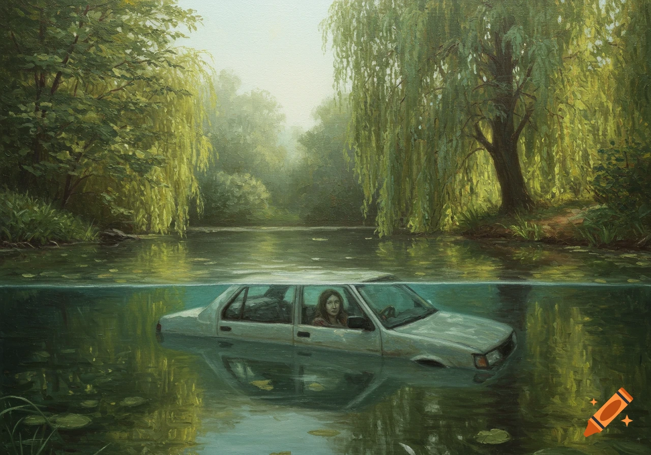 An oil painting of a car submerged in a pond in a lush forest, with a panicked woman visible inside the car.