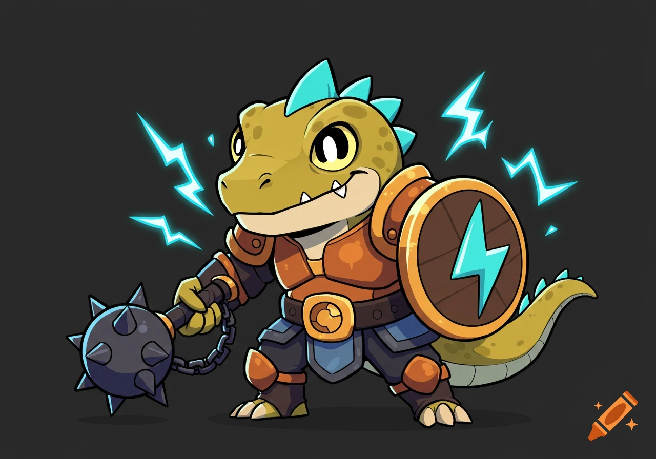 A cartoon lizard warrior in bronze armor holds a spiked mace and a shield with a lightning bolt emblem, surrounded by electric arcs.