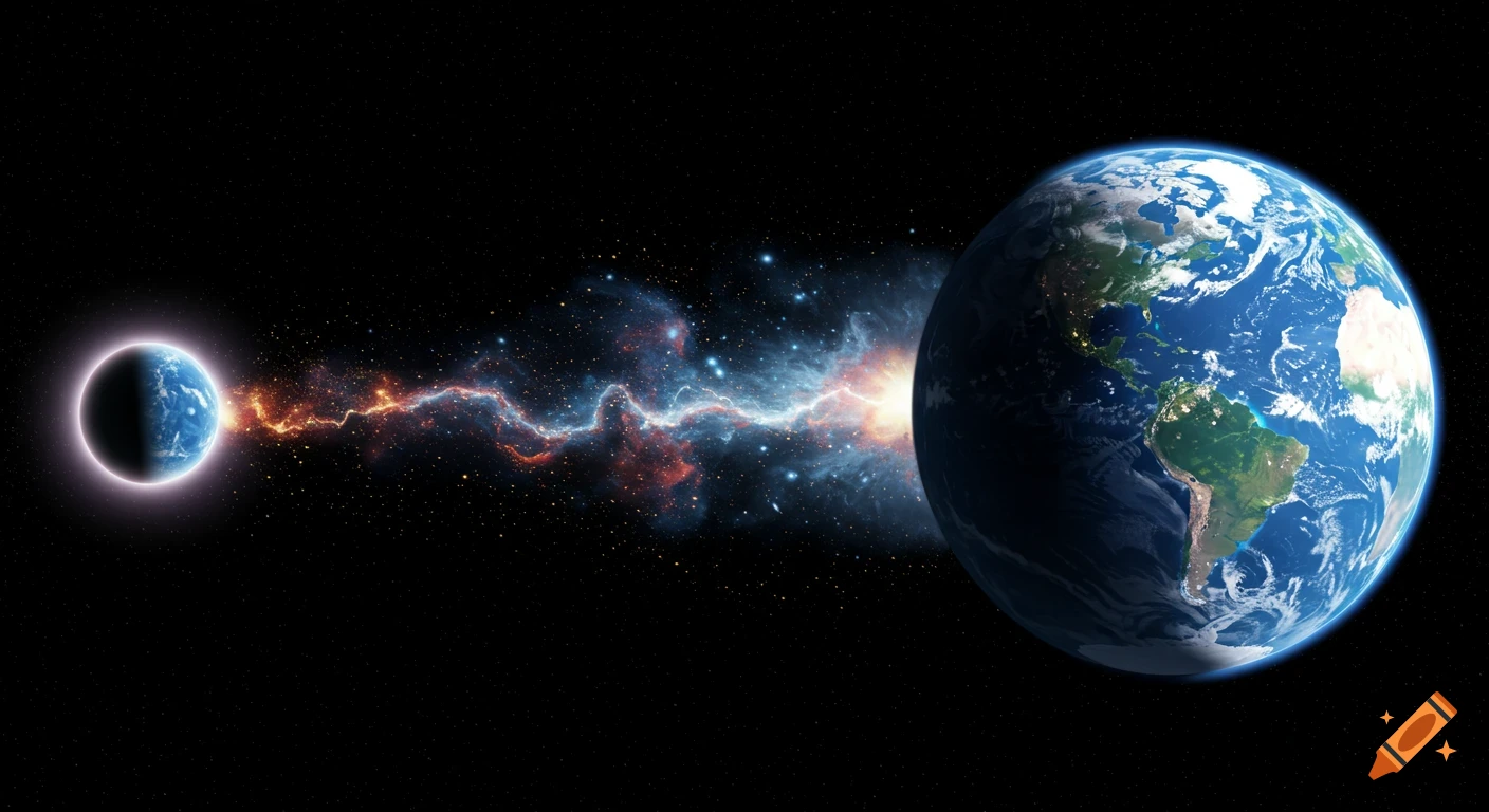 A small glowing blue planet on the left with an energy beam connecting it to a large, detailed Earth on the right, all against a dark starry background.