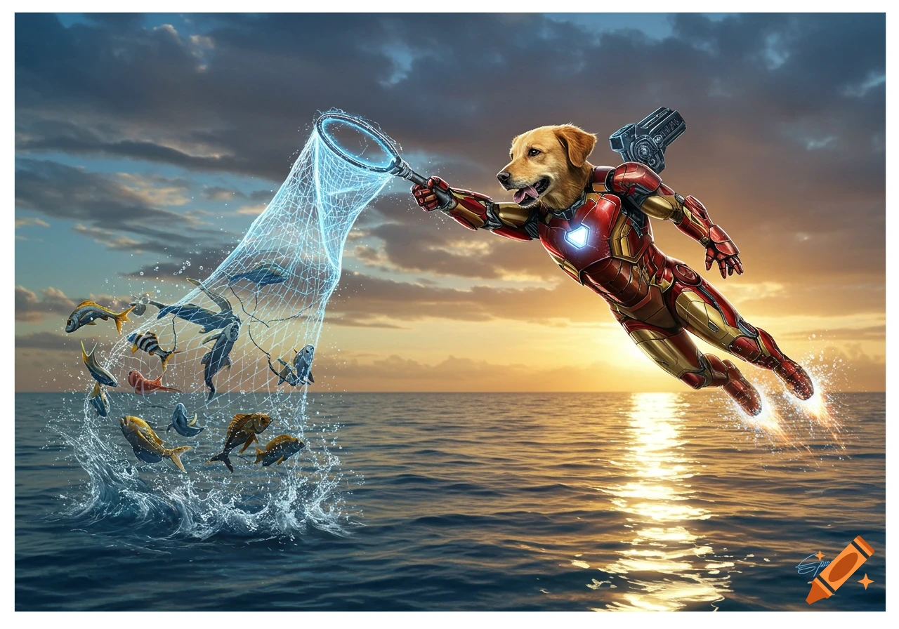 A golden retriever's head on an Iron Man suit flies over the ocean at sunset, using a glowing net to catch fish.