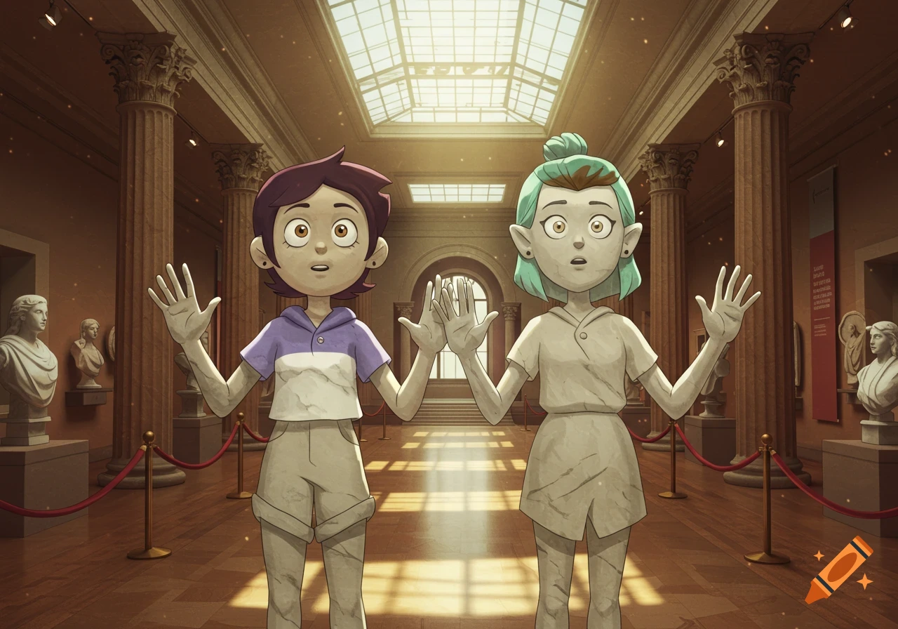 Luz and Amity from The Owl House depicted as surprised marble statues in a grand museum hall.