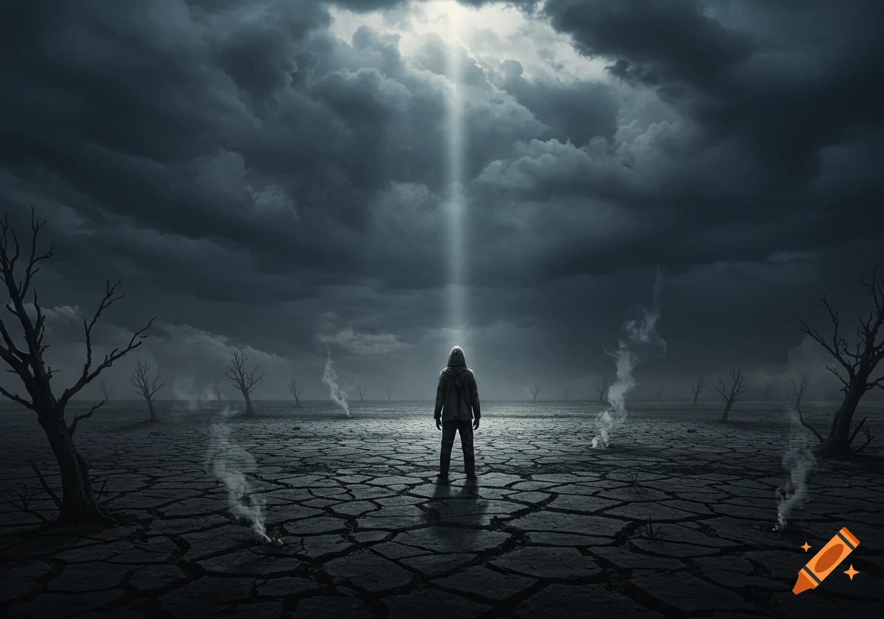 A lone hooded figure stands on cracked earth under a stormy sky, a bright light beam descending from the clouds.