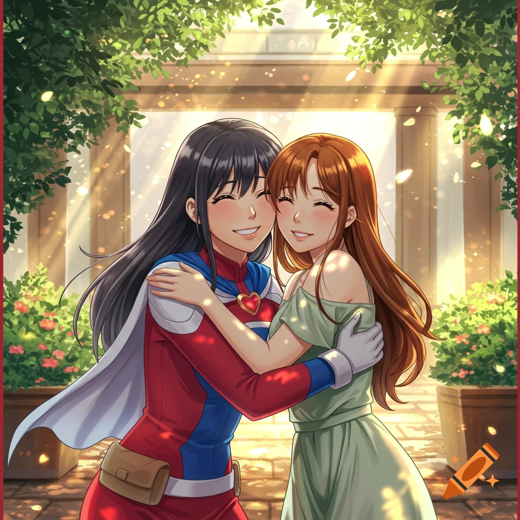 Two anime women, one in a superhero suit and one in a green dress, happily hugging in a sunny garden.