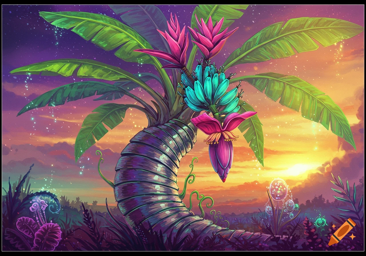 A vibrant, alien banana tree with a curved, armored trunk, teal fruit, and pink flowers against a colorful sunset sky.