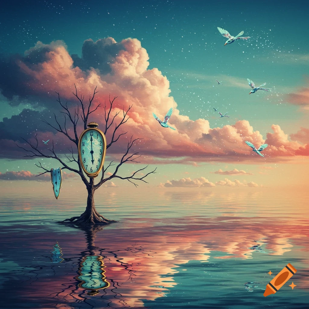 A surreal landscape with a bare tree rising from calm water, holding melting clocks, under a starry sky with flying birds.