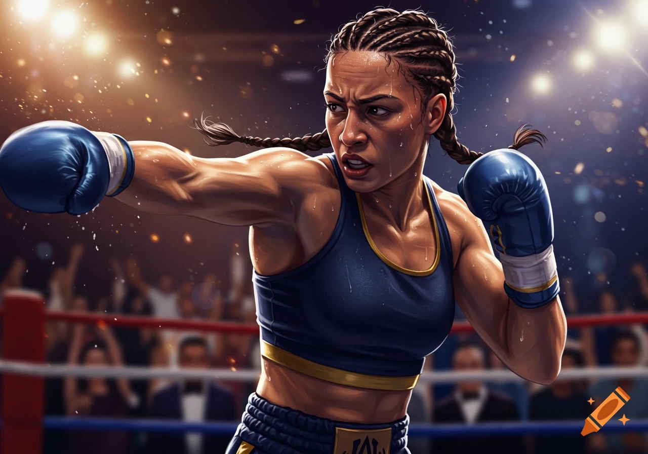 A determined female boxer in blue gloves throws a punch in a brightly lit boxing ring with a blurred crowd.