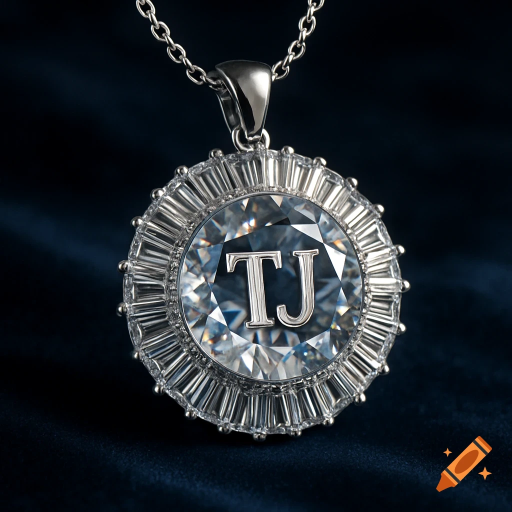 A close-up of a sparkling round diamond pendant with the initials 'TJ' and a baguette diamond halo, on a dark blue background.