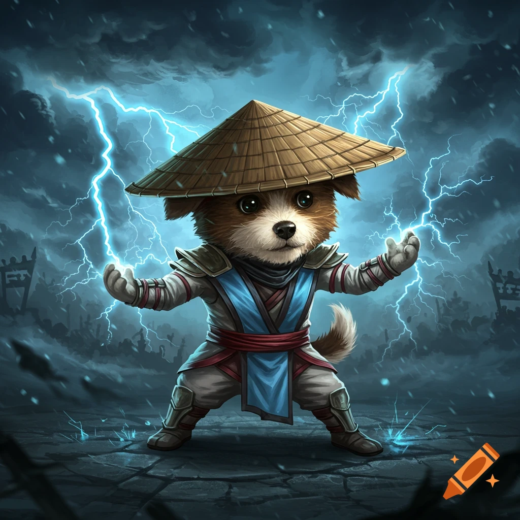 A cute puppy dressed as Raiden from Mortal Kombat, holding lightning bolts, in a stormy fantasy landscape.