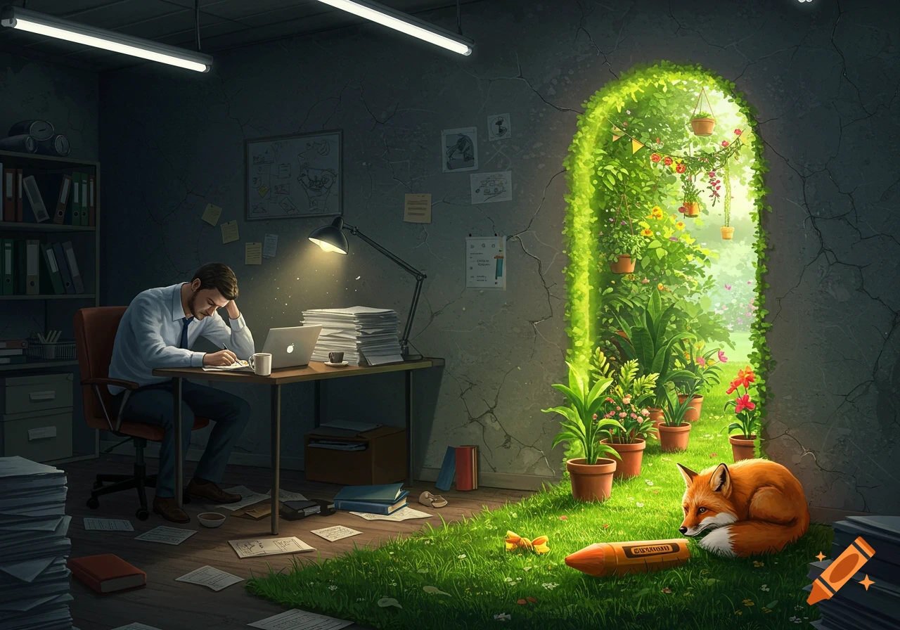 A tired man works at a desk in a dark room, beside a glowing portal to a lush garden with a sleeping fox.