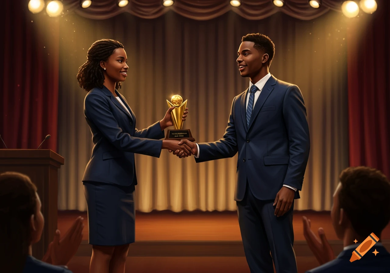 A young Black woman in a suit presents a golden trophy to a young Black man in a suit, shaking hands on a spotlighted stage during a ceremony.