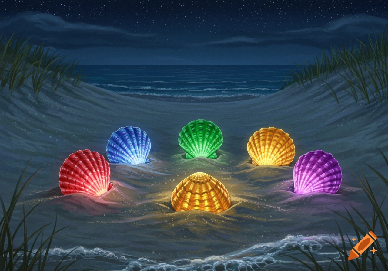 Brightly glowing colorful seashells on a sandy beach at night, with the ocean and starry sky in the background.