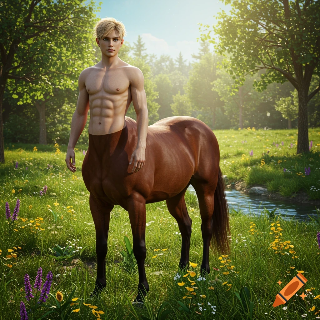 A muscular male centaur with blonde hair stands in a sunlit forest clearing with a stream.