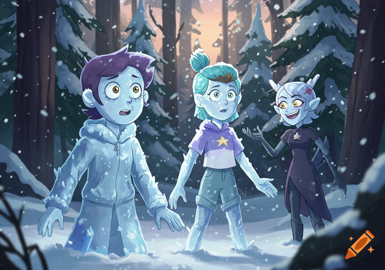 Animated scene of two surprised characters encased in ice while a third blue-skinned character grins at them in a snowy forest.