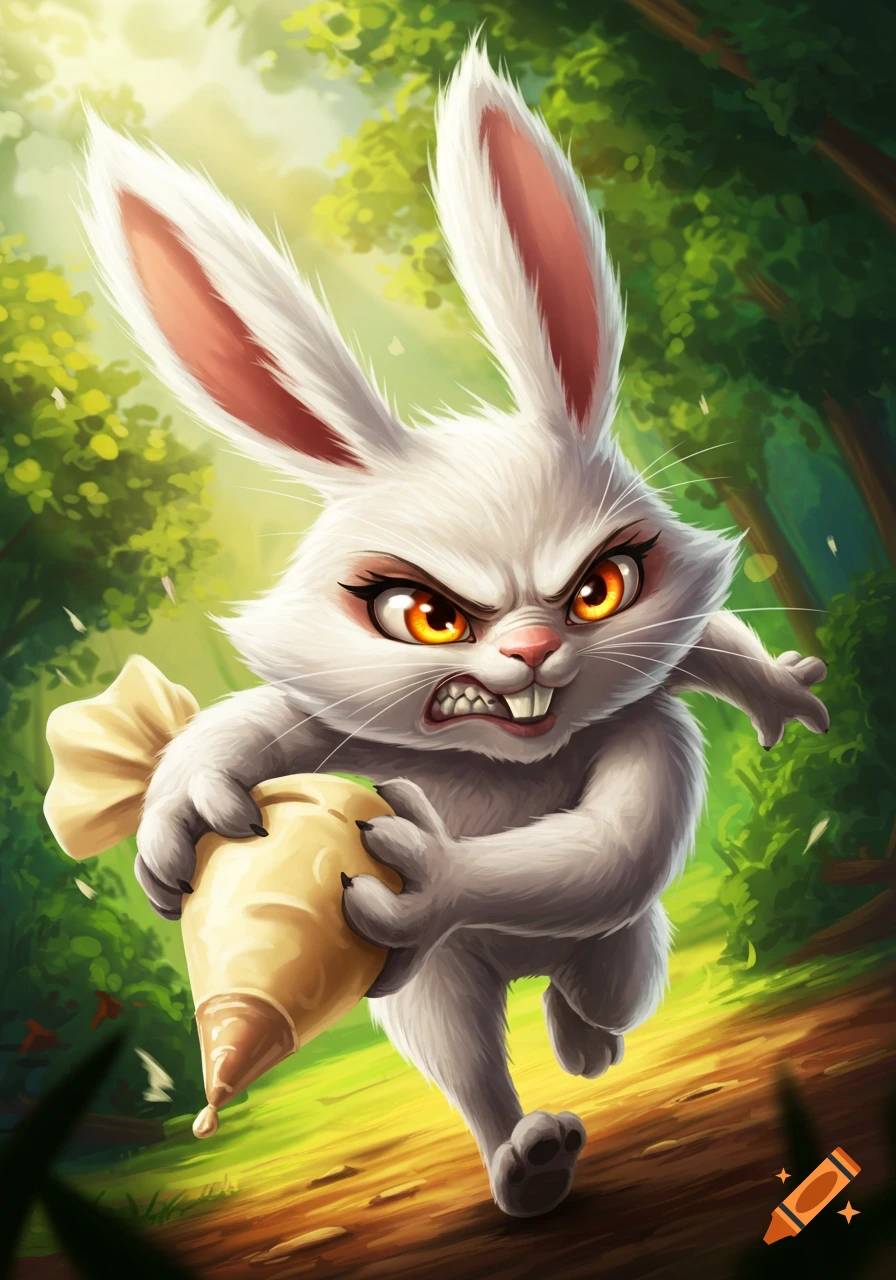 An angry cartoon bunny with glowing orange eyes runs forward, clutching a piping bag full of cream.