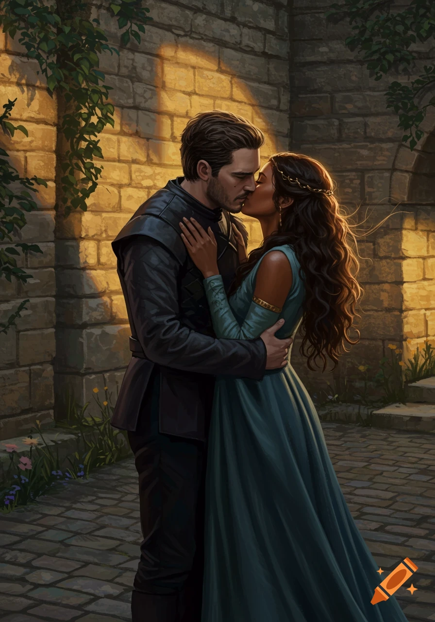 A man in dark armor kisses a woman in a teal dress, against a stone wall in warm sunlight.