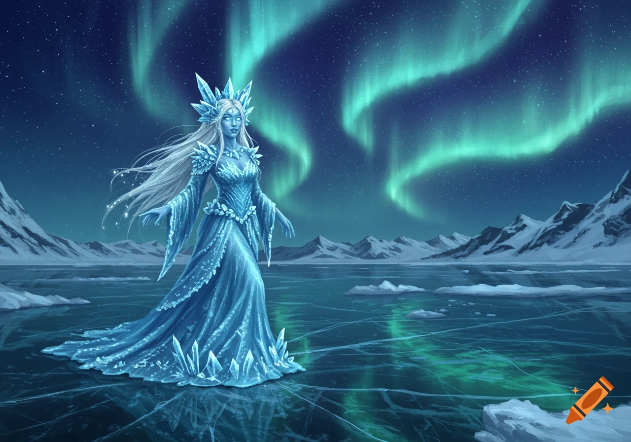 A fantasy ice queen in a blue gown of ice stands on a frozen lake under a starry sky with glowing green aurora borealis.