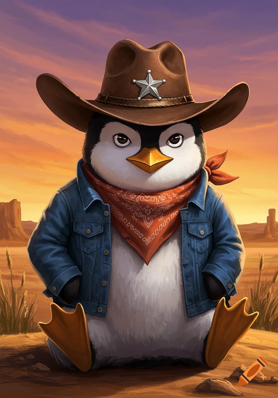 A cute cartoon penguin wearing a cowboy hat, denim jacket, and red bandana sits in a desert at sunset.