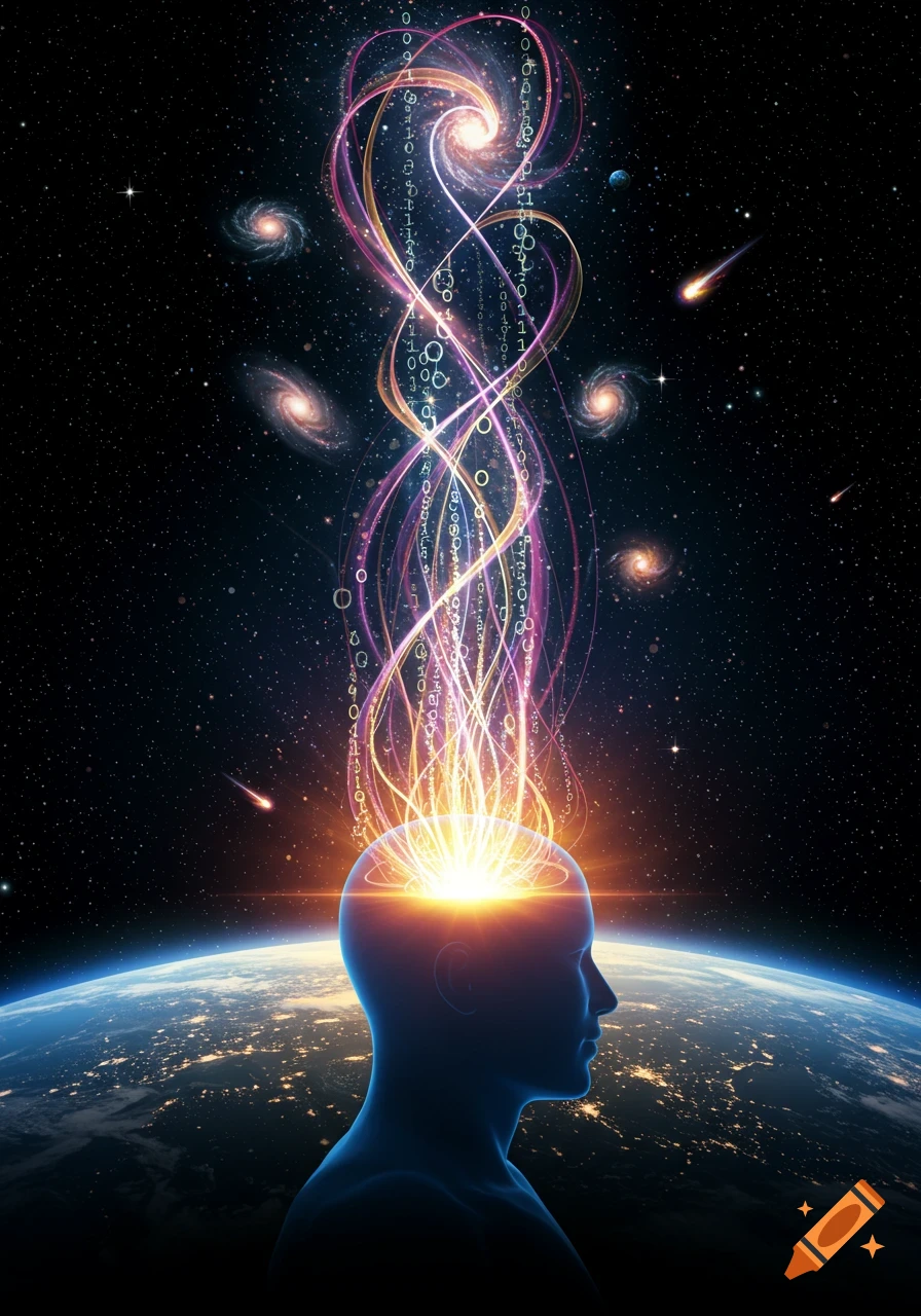 A silhouette of a head rising above Earth, emitting binary code and light into a starry galaxy-filled sky.