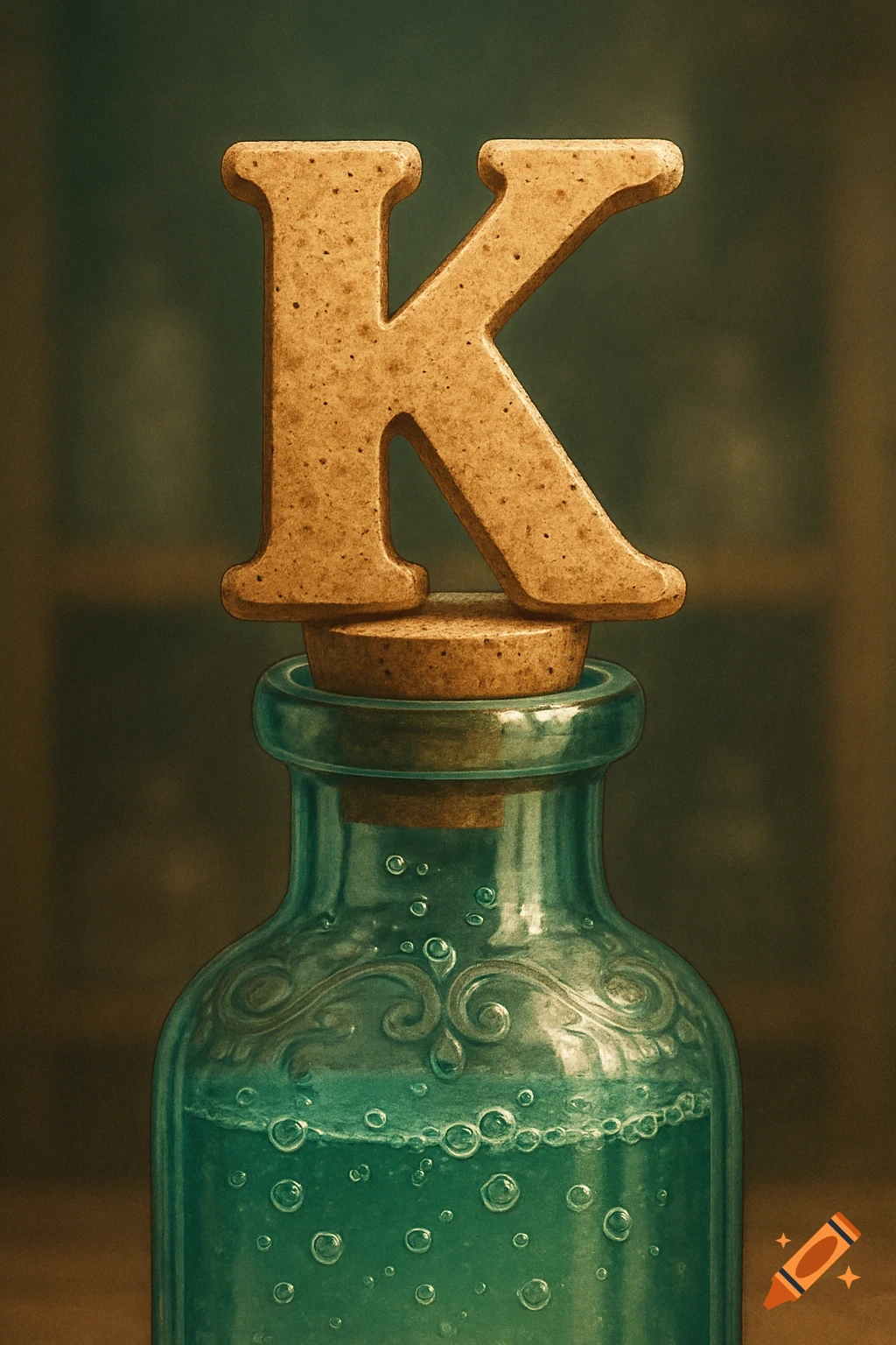 A stylized drawing of a wooden letter K acting as a cork on a teal glass bottle filled with bubbling liquid.