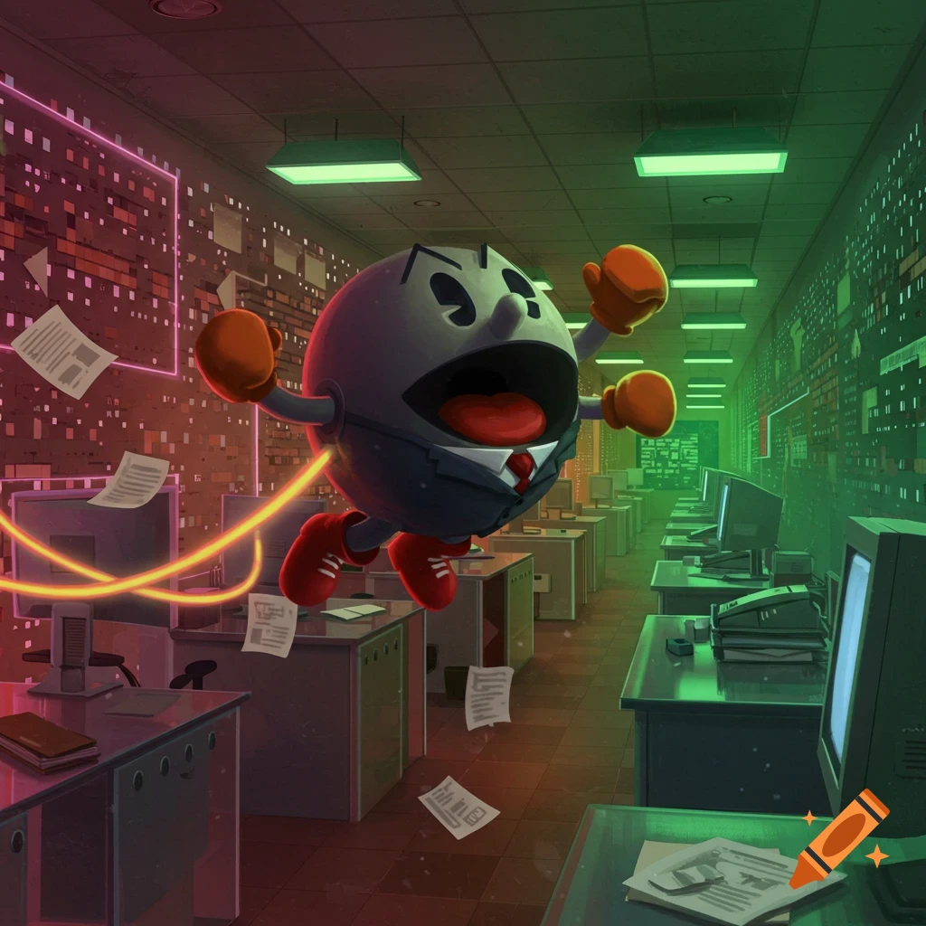 Pac-Man in a business suit jumps through an office, scattering documents, with glowing neon outlines on the walls.