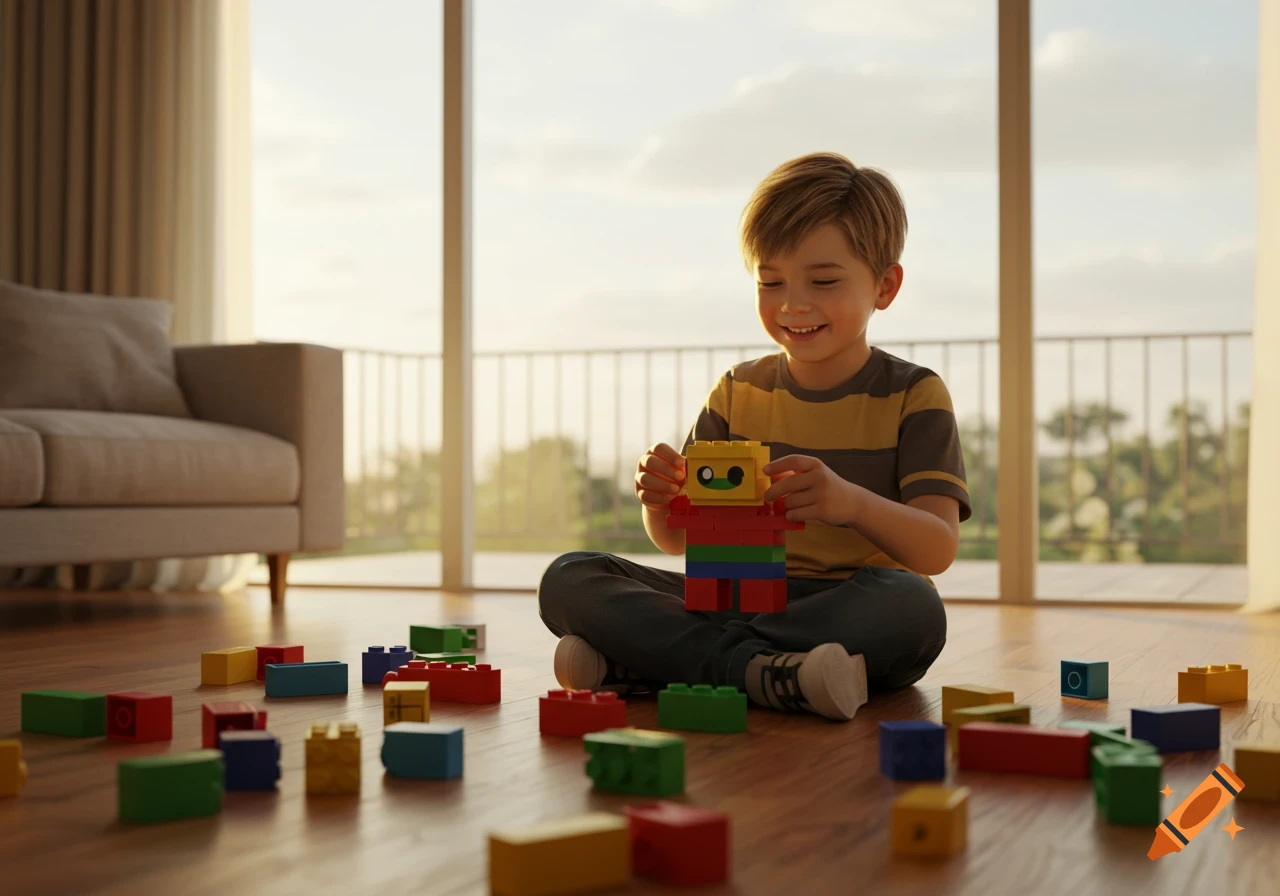 A young boy smiles as he builds a colorful block character on a wooden floor in a bright living room, surrounded by blocks.