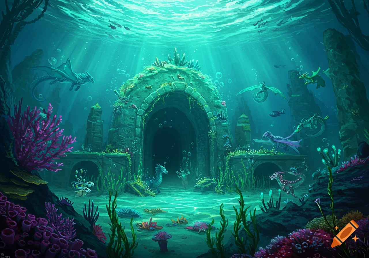Vibrant underwater scene with several dragons swimming around ancient stone ruins, colorful coral, and light rays from the surface.
