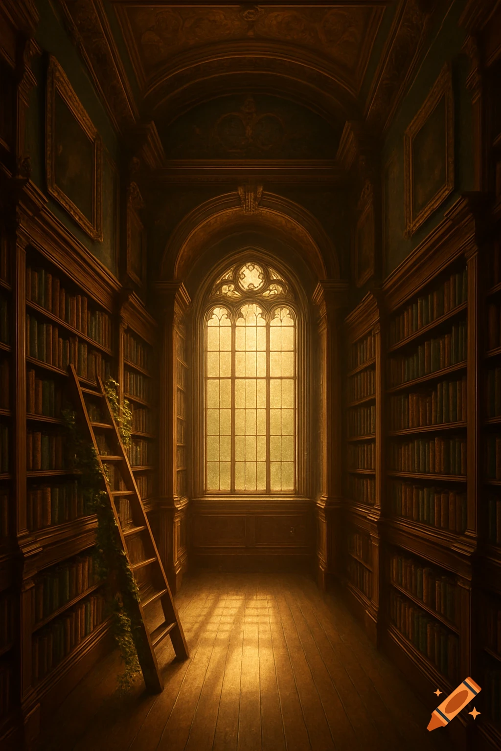 An ornate, warm-toned library hallway with tall wooden bookshelves, a ladder, and a large arched window illuminating the scene.