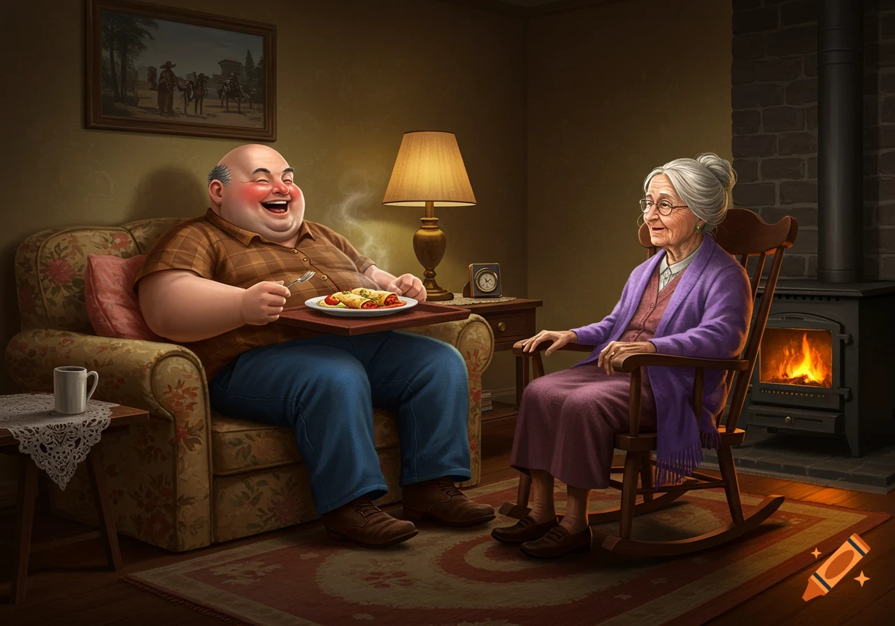 A large bald man laughs while eating enchiladas as an elderly woman smiles from a rocking chair in a cozy living room.
