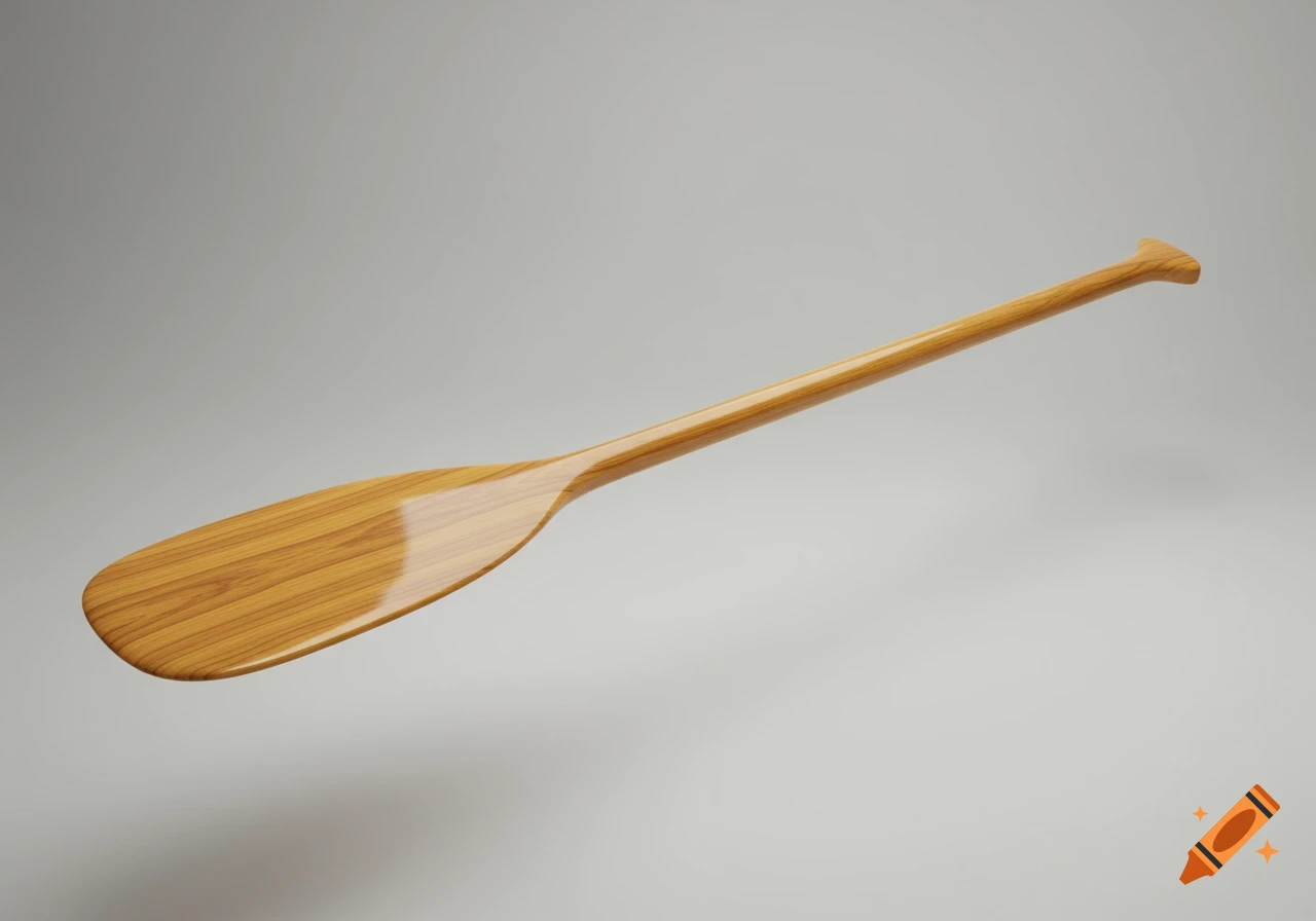 A photorealistic wooden paddle with a reflective surface floats against a plain light grey background.