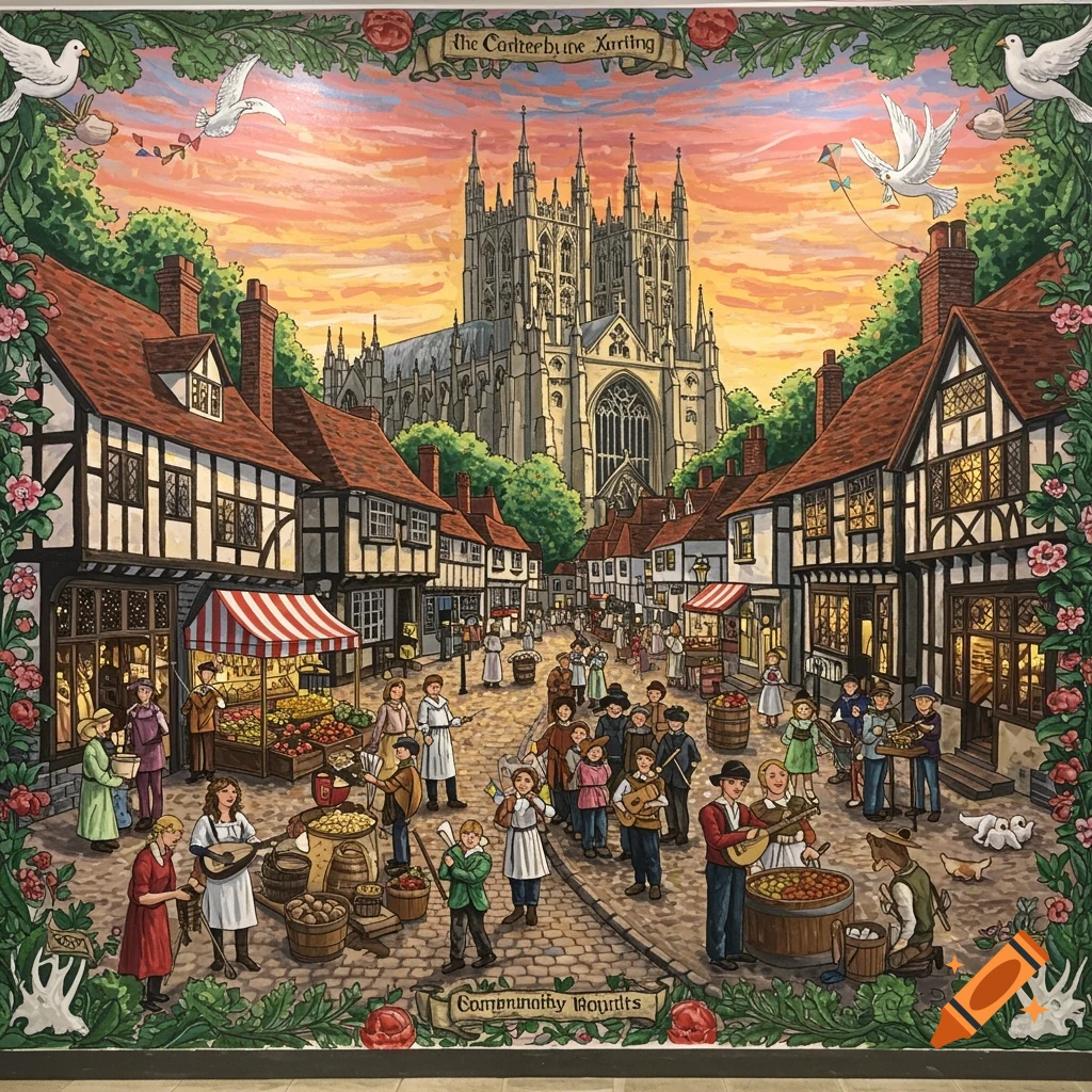 Illustrated wall art of a bustling medieval town square with market stalls, half-timbered houses, and a large gothic cathedral at sunset.