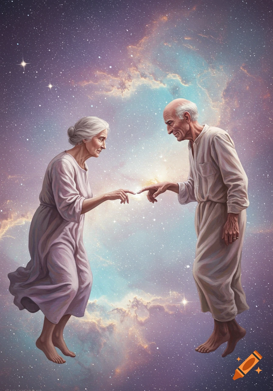 Painting of two elderly people floating in a cosmic sky, touching fingertips amidst stars and nebulae.