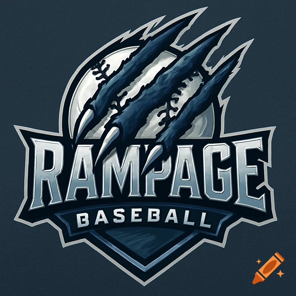 A baseball logo for 'Rampage Baseball' featuring a bear claw scratch design in blue, grey, and white.