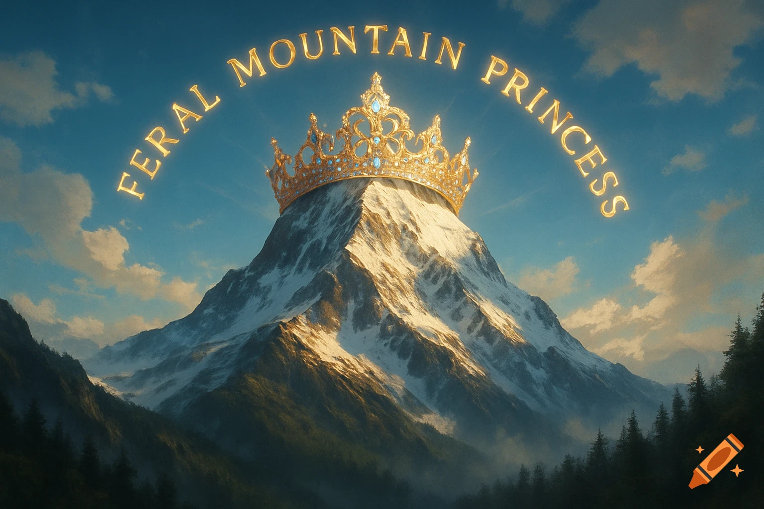 A majestic snow-capped mountain wears a golden crown under a blue sky with clouds. Golden text reads 'FERAL MOUNTAIN PRINCESS' arched above.