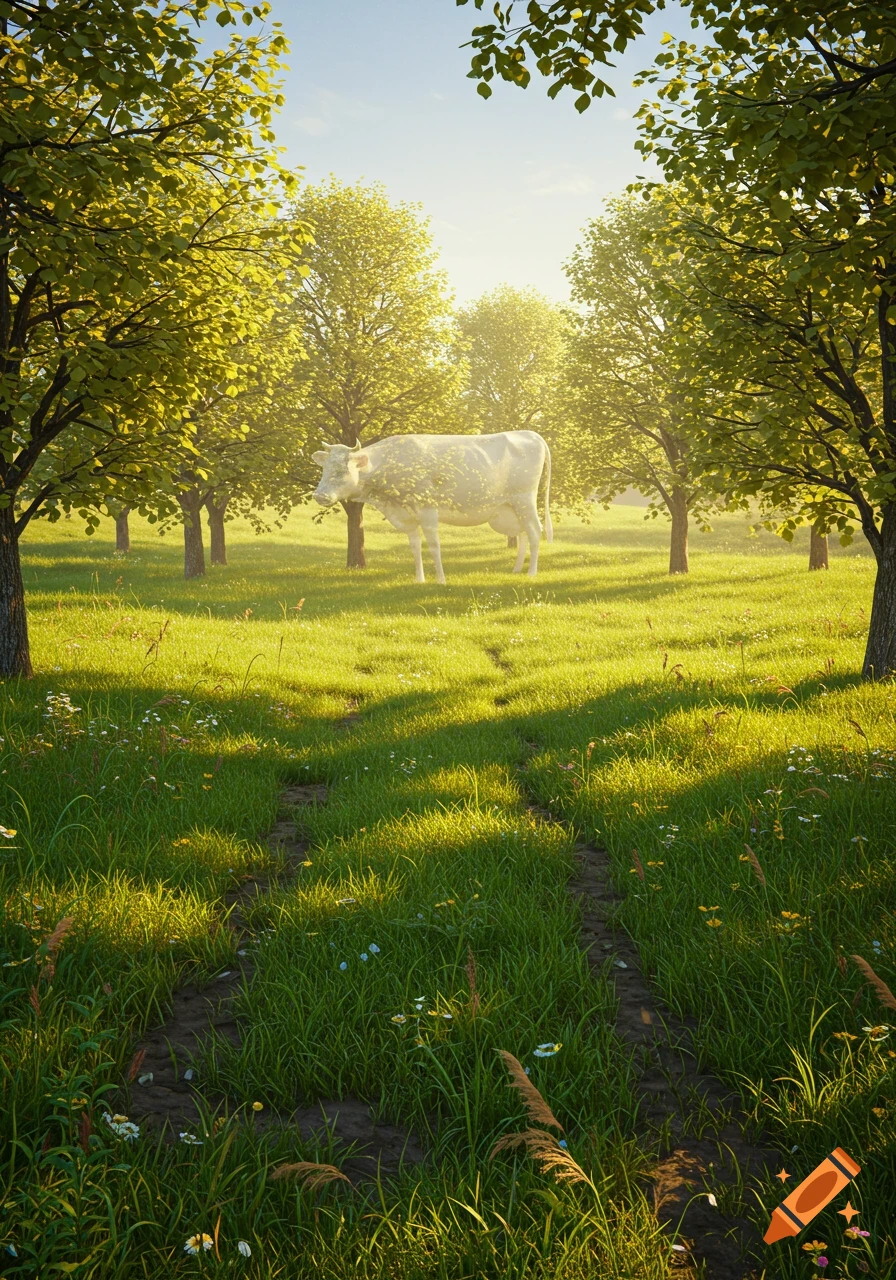 A white cow stands in a lush green pasture, surrounded by sunlit trees under a bright sky in a photorealistic style.