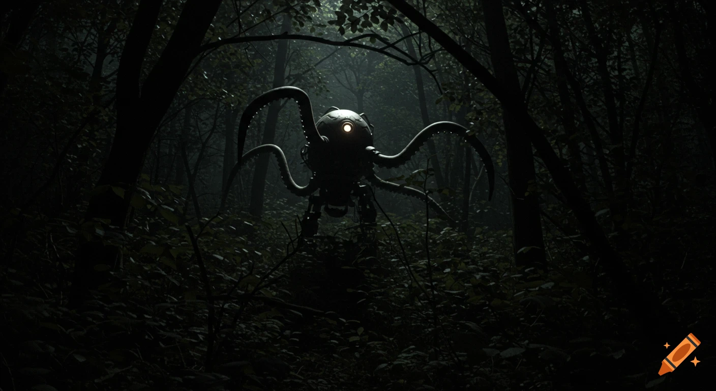 A spherical robot with tentacle-like arms stands in a dark, grainy forest at night, its single eye glowing.